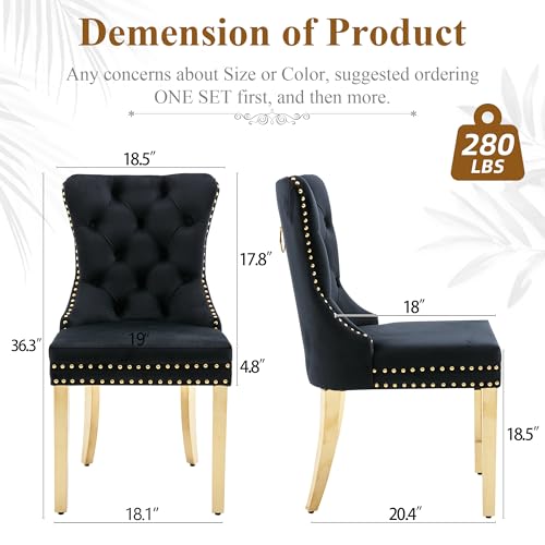 Black Velvet Dining Chairs Set of 2, Elegant Tufted & Nailhead, Gold Legs - color: Black, Golden Steel Leg, size: set of 2