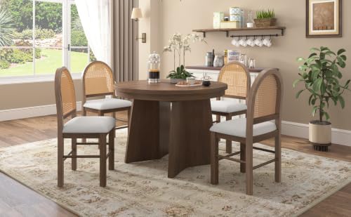 5-Piece Extendable Dining Table Set with 4 Rattan Back Chairs, Walnut - color: Beige,walnut