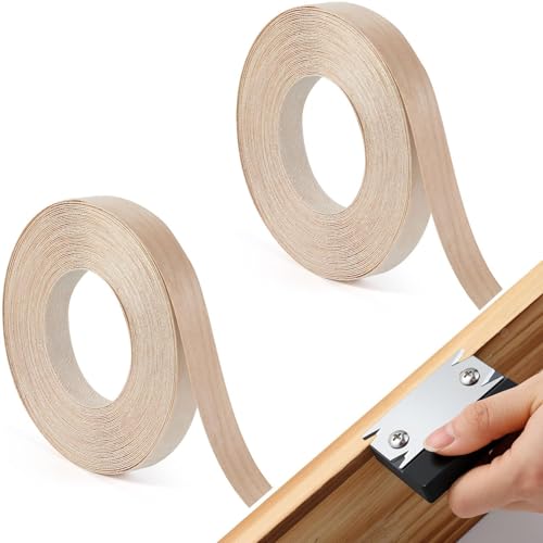 Sliner 2 Roll Wood Edge Banding Kit with 1 Edge Banding Trimmer Cutter Tool 3/4 Inch 50 ft Pre-glued Plywood Flexible Veneer Sheets Woodworking Tool for Countertop Furniture Cabinet Plywood (Birch)
