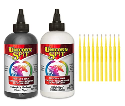 Unicorn SPiT Gel and Glaze Stain Classic Black and White Collection: 8 oz. Bottles with Trebbies Detail Sticks (Midnight's Blackness and White Ning)