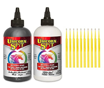 Unicorn SPiT Gel and Glaze Stain Classic Black and White Collection: 8 oz. Bottles with Trebbies Detail Sticks (Midnight's Blackness and White Ning)