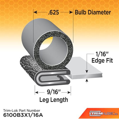 TRIM-LOK Trim Seal, Edge Trim with Side Bulb, Fits 0.625-Inch Bulb, 1/16-Inch Edge, 9/16-Inch Leg, 100-Foot Length, Black Pebble Finish, Flexible PVC Plastic Trim with EPDM Rubber Weather Stripping - style: 0.625" Bulb, 1/16" Edge, 9/16" Leg, 100 Feet