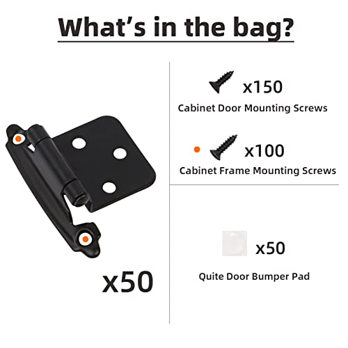 Decobasics 1/2" Overlay Matte Black Cabinet Hinges (15 Pair -30 Pcs) Self Closing Bath & Kitchen Cabinet Hinges Black Flush Mount w/Door Bumpers & Upgraded Screws - color: Matte Black, size: 15 Pack