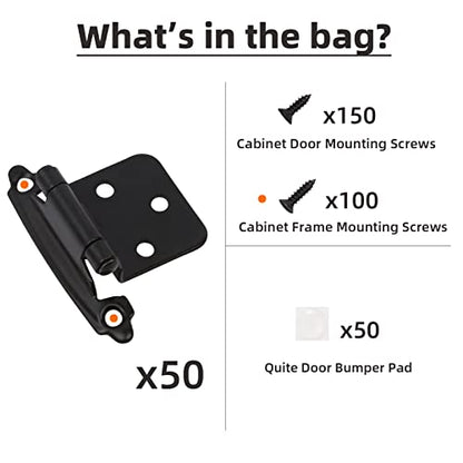 Decobasics 1/2" Overlay Matte Black Cabinet Hinges 50 Pack (25 Pair) Self Closing Bath & Kitchen Cabinet Hinges Black Flush Mount w/Door Bumpers & Upgraded Screws - color: Matte Black, size: 50 Pack