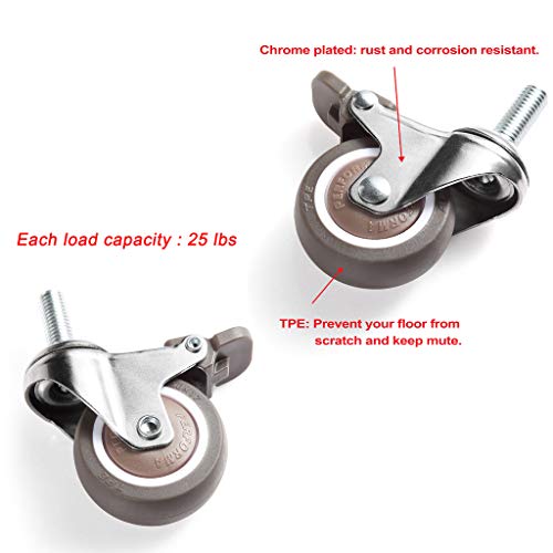 Skelang Mini 1'' Swivel Threaded Stem Casters, Small TPE Mute Crib Caster, M6×15mm, Replacement for Baby Bed, Cabinet, Table, Shelf, Total Load Capacity 99Lbs