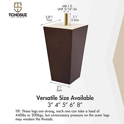 4 inch / 10cm Wooden Furniture Legs, Tchosuz Pack of 4 Mid Century Modern Solid Wood Walnut Pyramid Square DIY Replacement Feet with 5/16" Hanger Bolts & T-Nuts for Sofa Couch Armchair Bed Riser - color: Walnut, size: 4"/10cm