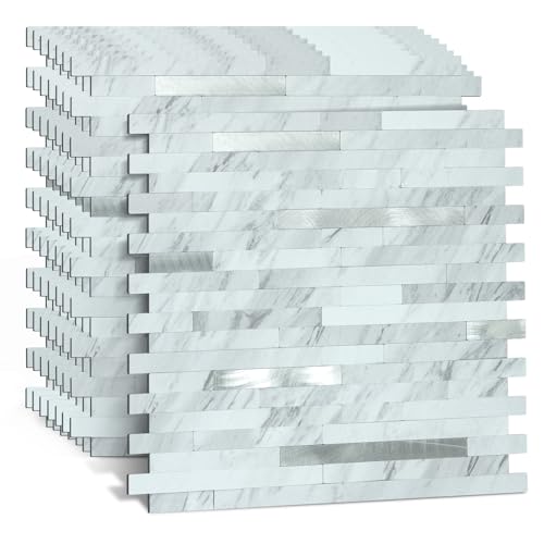 Midcard 10 Sheets Peel and Stick Backsplash PVC Wall Tile,for Kitchen Backsplash - color: Rectangular White Marble with Metallic Silver