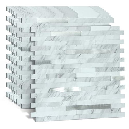 Midcard 10 Sheets Peel and Stick Backsplash PVC Wall Tile,for Kitchen Backsplash - color: Rectangular White Marble with Metallic Silver