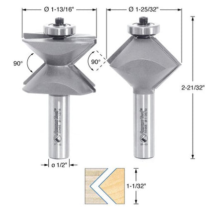 Amana Tool - 55466 2Piece Carbide Tipped Edge Banding 90 Deg x 1-25/32 Dia x 1-1/32 x 1/2 - size: 90 Deg x 1-25/32 Dia x 1-1/32 x 1/2
