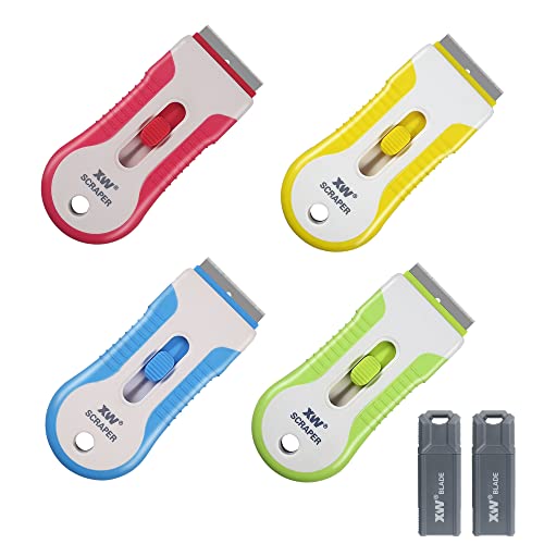 XW Razor Blade Scraper Set, Putty Knife Paint Scraper of Assorted Colors, Extra 44 Blades Included, 4-Pack