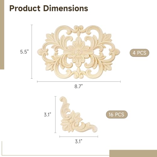 20Pcs Wood Carved Onlays, Unpainted Furniture Cabinet Door Decor Ornaments