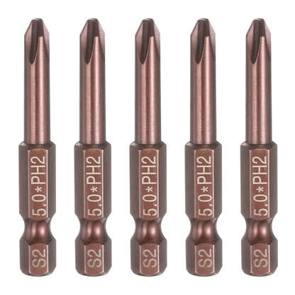 HARFINGTON 5pcs #2 Phillips Screwdriver Bit PH2 1/4" Hex Shank 2" (50mm) Long 0.2" Rod Magnetic Cross Head Drive Drill Bits S2 Steel Industrial Screw Driver Electric Power Tool, Brown - size: PH2 x 2" x 0.2"