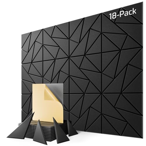 18 Pack Geometric Design Sound Proof Foam Panels for Walls 12"x12"x0.4" Fabric - color: Black, size: GEO 18-Pack