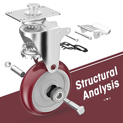 5" Heavy Duty Plate Casters with Brake, Set of 4 - color: Red, size: 5 inch