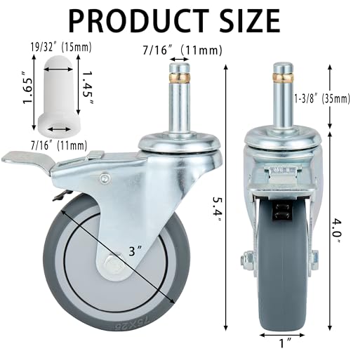 Finnhomy 3 Inches Stem Caster Wheels Set of 4 Heavy Duty 7/16 Inch Stem Diameter Swivel Locking Casters Replacement Wheels for Utility Cart/Mop Bucket/Wet & Dry Vacuum/Grills/Shop Mechanic Stool - style: 3" (with Brake)