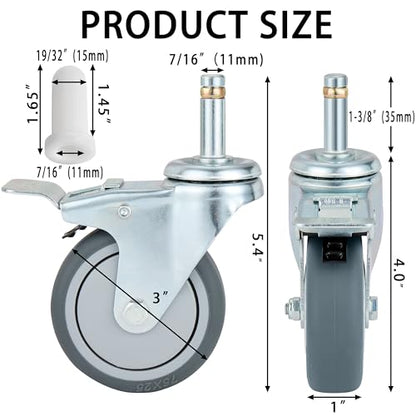 Finnhomy 3 Inches Stem Caster Wheels Set of 4 Heavy Duty 7/16 Inch Stem Diameter Swivel Locking Casters Replacement Wheels for Utility Cart/Mop Bucket/Wet & Dry Vacuum/Grills/Shop Mechanic Stool - style: 3" (with Brake)