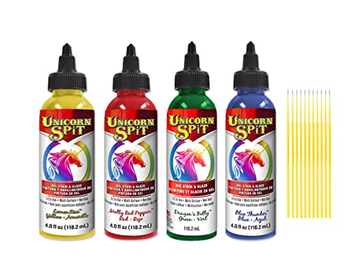 Unicorn SPiT Gel and Glaze Stain Joy Collection: 4, 4oz. Bottles with Trebbies Detail Sticks (Lemon Kiss, Molly Red Pepper, Dragon's Belly, Blue Thunder) - color: Joy Collection