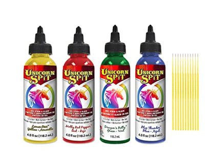 Unicorn SPiT Gel and Glaze Stain Joy Collection: 4, 4oz. Bottles with Trebbies Detail Sticks (Lemon Kiss, Molly Red Pepper, Dragon's Belly, Blue Thunder) - color: Joy Collection