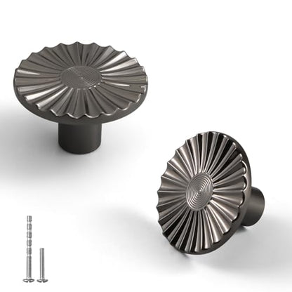 YAGU 10 Pack Round Polished Black Kitchen Cabinet Knobs 1-1/2 Inch Sunflower Dresser Drawer Knob Dark Grey Furniture Hardware Bright Gunmetal Pulls for Closet Cupboard Wardrobe - color: Polished Black