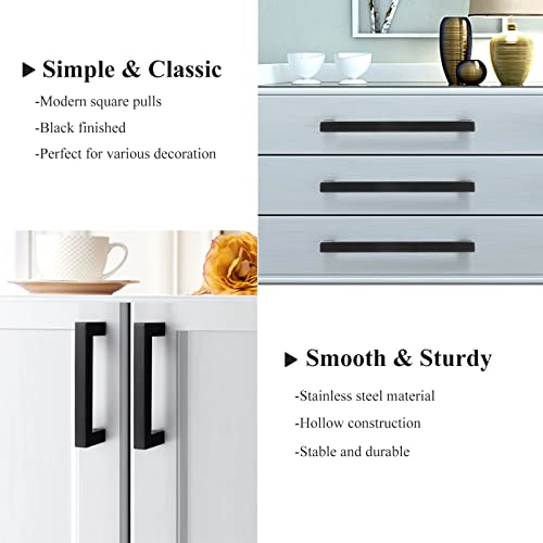 Probrico (5 Pack) Matte Black Square Cabinet Pulls Stainless Steel 5 Inch(128mm) Hole Center Drawer Handles Modern Kitchen Cabinet Hardware - color: Black, size: hole center 5"