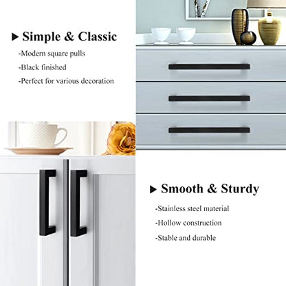 Probrico (5 Pack) Matte Black Square Cabinet Pulls Stainless Steel 5 Inch(128mm) Hole Center Drawer Handles Modern Kitchen Cabinet Hardware - color: Black, size: hole center 5"
