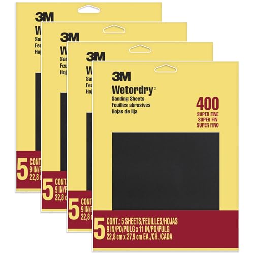 3M Wetordry Sandpaper, 9 in. x 11 in., 400 Grit, 5 Sheets, for Sanding Between Coats of Varnish, Lacquer, Paint & Other finishes, Waterproof Paper,Sanding Paper (9085NA), 4-Pack - style: Super Fine, 4-Pack (20 Sheets)