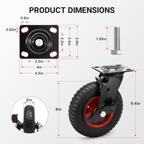 8 Inch Outdoor Heavy Duty Casters Wheels Set of 4, Sturdy Large Rubber Casters with Brake 2200 LBS, Industrial Grade Plate Swivel Castors with Knobby Tread for Dollies, Cart, Machine - size: 8 IN