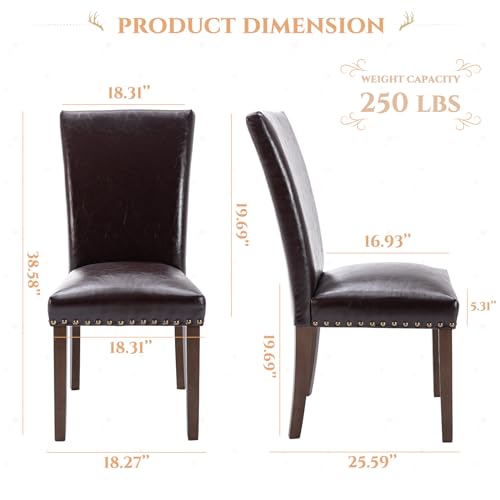Parsons Dining Chairs Set of 6, Upholstered Nailhead PU Leather Dining Room Kitchen Side Chair with Thick Cushions and Wood Legs, Dark Brown - color: Dark Brown, size: set of 6