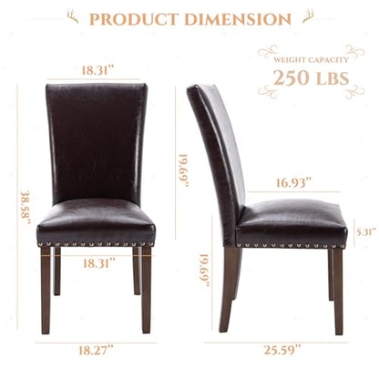 Parsons Dining Chairs Set of 6, Upholstered Nailhead PU Leather Dining Room Kitchen Side Chair with Thick Cushions and Wood Legs, Dark Brown - color: Dark Brown, size: set of 6