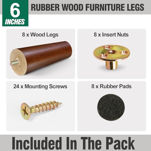 FoDau770 Rubber Wood Legs 6", Straight Taper, 5/16"-18 Thread, Brown, 8pcs - color: Brown, size: 6 Inch - Straight (90°)