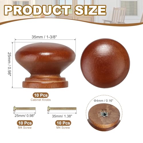 PATIKIL 1-3/8 Inch Cabinet Knobs, 10 Pcs Round Drawer Dresser Knobs Wood Handles Knobs Drawer Pulls with Screws for Kitchen Cupboard Furniture Door, Brown - color: Brown