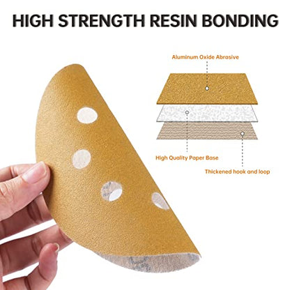 ZKH 100 PCS 5 Inch Sanding Discs, 8 Hole Hook and Loop Sanding Discs 60/80/120/180/240/320/400 Assorted Grits Sandpaper for Random Orbital Sander, Golden