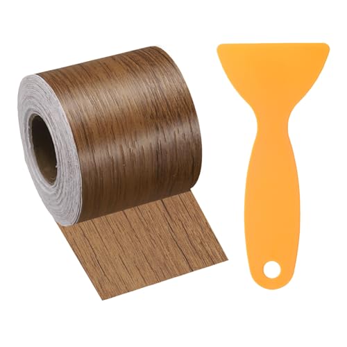 Wood Grain Repair Tape 2 Inch x 33ft Self Adhesive Repair Patch Tape Simulated Wooden Floor Tapes with Plastic Scraper for Tables Doors Windows Furniture, Brown Wood