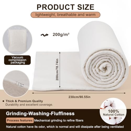 79" x 91" Natural Cotton Quilt Batting Grinding Batting for Quilting - color: White-79x91inch