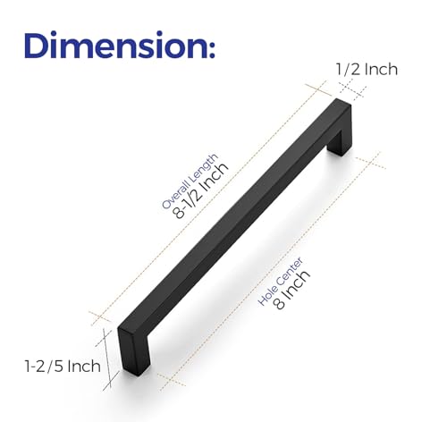 Ravinte Matte Black Cabinet Handles Square Pulls 8 Inch 10 Pack - size: 8-1/2 Inch (8 Inch Hole Center)