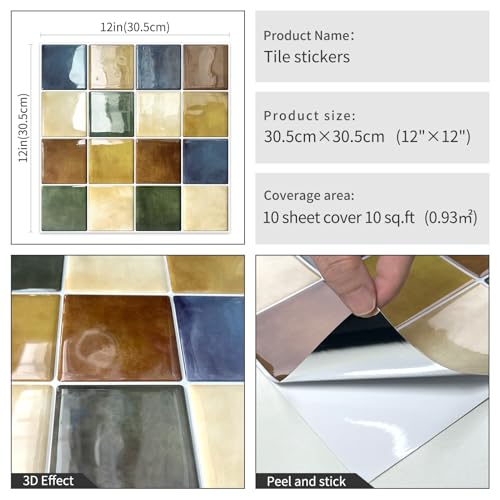 DEWOO Peel and Stick Backsplash Self Adhesive Wall Tiles Colourful 10-Sheet - color: Multicoloured