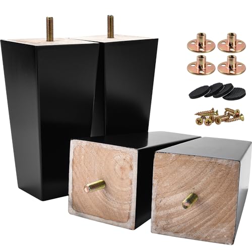 4 inch Solid Wood Furniture Legs, Btowin 4Pcs Mid-Century Modern Wooden Pyramid Replacement Feet with Threaded 5/16'' Hanger Bolts & Mounting Plate & Screws for Sofa Couch Chair Recliner - color: Black, size: 4" (10cm)