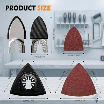 Oscillating Tool Sanding Pad Kit, 106Pcs Multi Tool Sanding Pads with 2 Triangle Sanding Pads, 2 Finger Sanding Pads, 100 Sandpaper Sheets, 60-240 Grit for Wood Metal Plaster Grinding Polishing - size: 104 pcs Triangle and Finger Sanding Pads