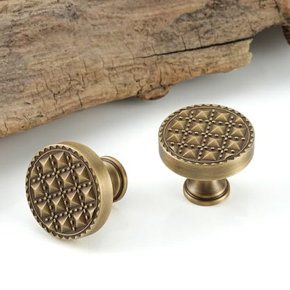 2 Pack Cabinet Knobs, Solid Brass, Studded Motifs Drawer Knobs, Brushed Antique Brass Cabinet Knobs for Kitchen, Bathroom, and Furniture - size: Knob-C