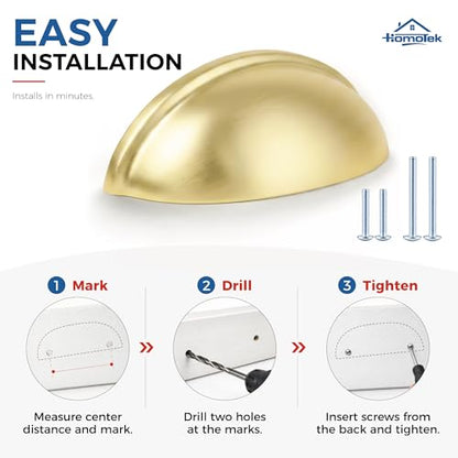 HOMOTEK 12 Pack 3 Inch Hole Centers Brushed Brass Drawer Bin Cup Pulls Dresser Pulls for Cabinets, Furniture Handles, Kitchen Cabinet Hardware - color: Brushed Brass, size: 12 Pack