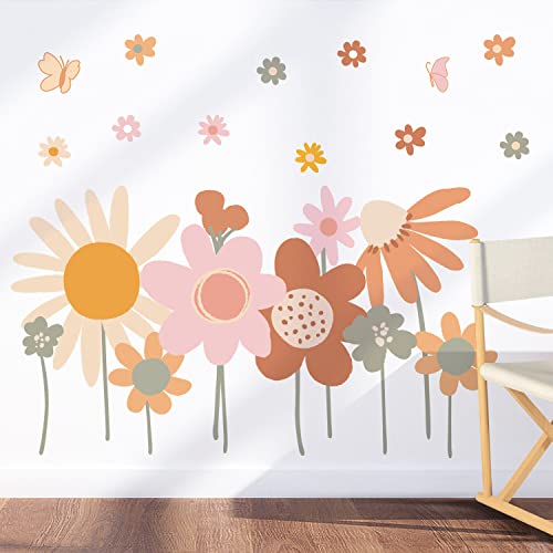 Supzone Boho Flower Wall Stickers Retro Vintage Floral Wall Decals for Bedroom, Living Room, TV, Office Home Decoration - color: Pink