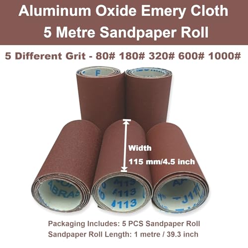 Sandpaper Roll 80# 180# 320# 600# 1000#, 5 PCS Aluminum Oxide Abrasive Emery Cloth Roll for Dry & Wet Grinding Sanding Polishing (Length 1 metre, Width 115 mm) - size: 5 Metre, style: 80/180/320/600/1000 Grit
