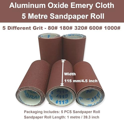 Sandpaper Roll 80# 180# 320# 600# 1000#, 5 PCS Aluminum Oxide Abrasive Emery Cloth Roll for Dry & Wet Grinding Sanding Polishing (Length 1 metre, Width 115 mm) - size: 5 Metre, style: 80/180/320/600/1000 Grit