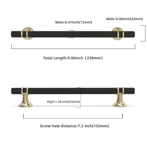 10 Pack 7.5 Inch Black and Gold Kitchen Cabinet Handles - color: Black and Brushed Gold Knurled, size: 7-1/2'' Hole Center(192mm)