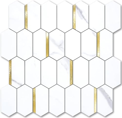 Vamos Tile Long Hexagon Peel and Stick Backsplash Tile - 10 Sheets Stick on Backsplash for Kitchen and Bathroom 12.4 x 12 Inch White Marble Look PVC Mixed Metal Gold Self Adhesive Mosaic Wall Tiles - color: ‎Statuary Marble Look with Gold Metal
