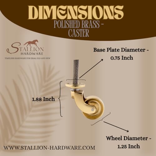 Polish Brass Caster Wheels 1 1/4 Inch Wheel Diameter Heavy-Duty Furniture Casters, Set of 4