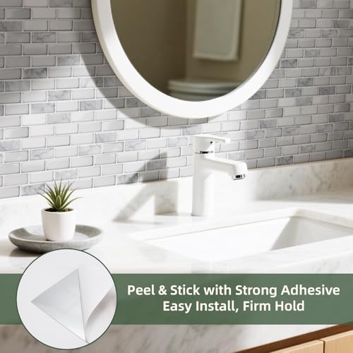 LONGKING Peel and Stick Subway Tile Backsplash for Kitchen, Vertical Strip Design, White Marble Tile, Waterproof Wall Sticker for Kitchen & Bathroom - color: Brick White Marble