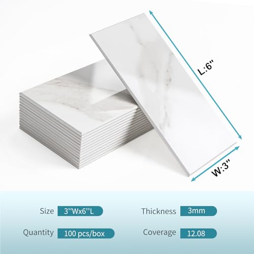 Vamos Tile 100-Pack Peel and Stick Backsplash Tile, 3''x6'' Subway Tile - color: Statury White