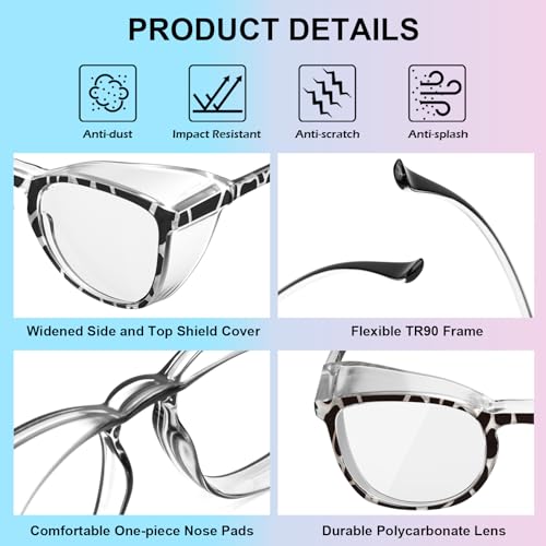 OXG 4 Pack Safety Glasses Anti Fog Goggles, Blue Light Blocking Stylish Safety Glasses for Women Nurses Protective Eyewear - color: Leopard+rainbow+clear+purple
