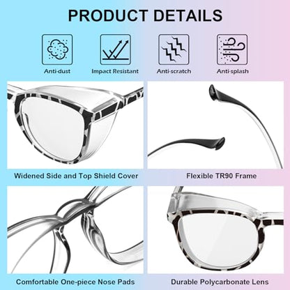 OXG 4 Pack Safety Glasses Anti Fog Goggles, Blue Light Blocking Stylish Safety Glasses for Women Nurses Protective Eyewear - color: Leopard+rainbow+clear+purple